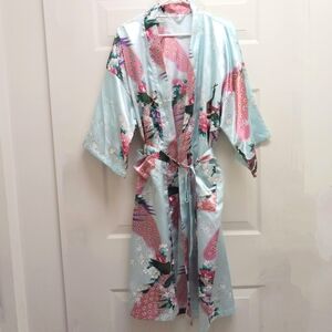 Floral Peacock Long Kimono Robe Satin One Size Light Blue Oriental